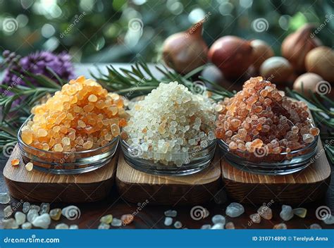 Three Different Types of Salts in Glass Bowls on Wooden Table Stock ...