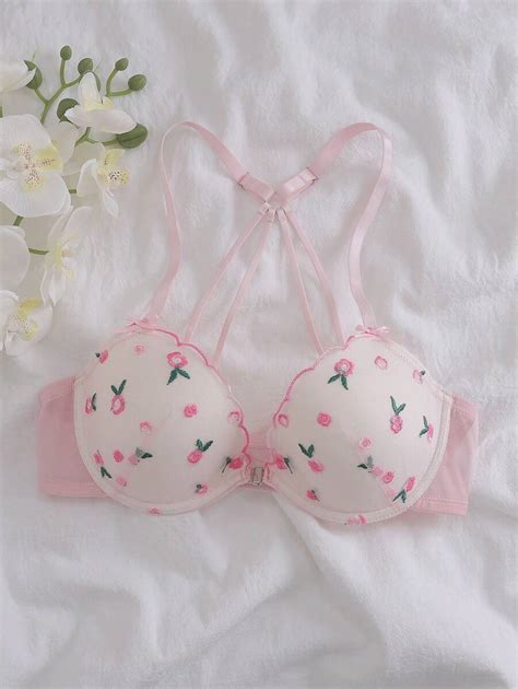 FloralLove Elegant Floral Embroidered Front-Closure Push-Up 3/4 Cup ...