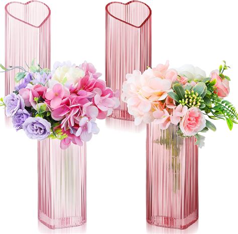 Amazon.com: Vesici 4 Pcs Heart Shaped Glass Flower Vase Red Pink Vase ...