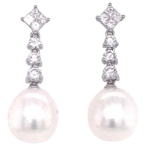 18 Karat White Gold Pave Diamond and South Sea Pearl Drop Earrings For ...