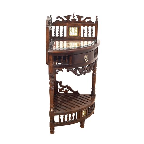 Quadro-II Teak Wood Corner Table with Storage and Carved Elevation in ...