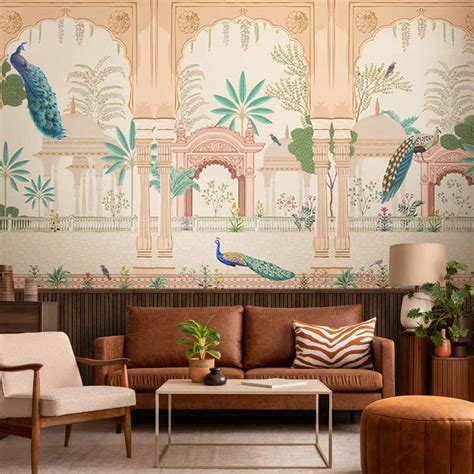 Aangan Indian Theme Wallpaper with Peacocks by Life n Colors