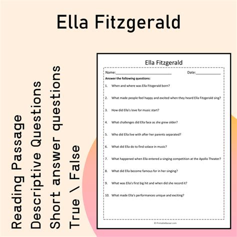 Ella Fitzgerald | Reading Comprehension Passage Printable Activity ...