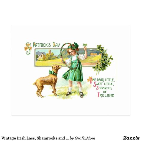 Vintage Irish Lass, Shamrocks and Dog Postcard | St patricks day cards ...