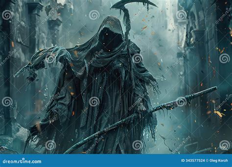 Scary Grim Reaper With Scythe In Hell On Dark Background With Dramatic ...