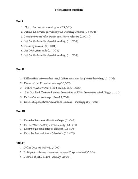 OS Questions Unitwise (CO1-CO5) - Short Answer & Essay Type - Studocu
