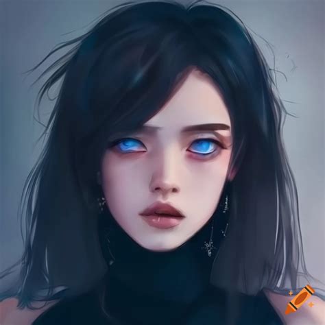 Captivating black-haired anime girl with blue eyes
