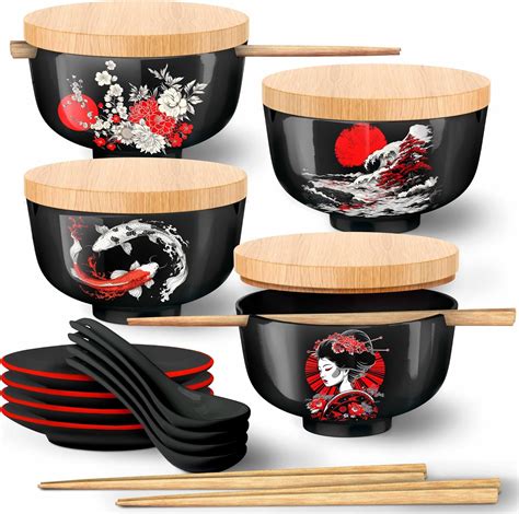 Amazon.com: i2 Home Japanese Ramen Bowl Set of 4-20 Pcs, 32 Oz Ceramic ...