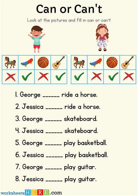 Can or Can’t Exercises, Answers with Pictures Examples PDF Worksheet For Kindergarten ...