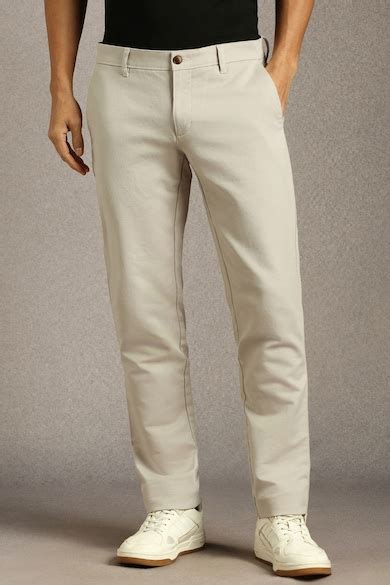 Buy Men Beige Slim Tapered Fit Textured Flat Front Casual Trousers ...