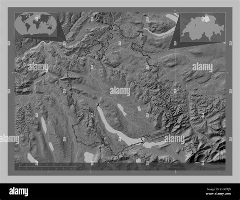 Zurich, canton of Switzerland. Grayscale elevation map with lakes and rivers. Corner auxiliary ...