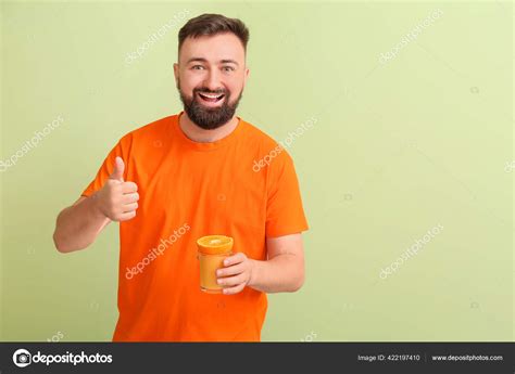 Man Orange Juice Showing Thumb Color Background Stock Photo by ...