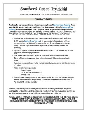 Fillable Online Driver Application for Employment - Southern Grace ...