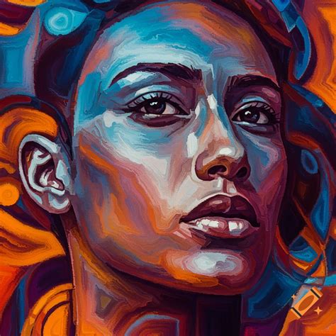 Close-up modern art portrait of a human face rendered with vibrant ...