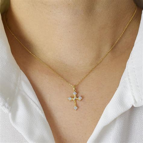 18k Solid Gold Cross Diamond Necklace Cross Charm Pendant Religious ...