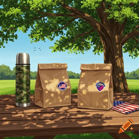 A thermos and two brown paper lunch bags with patriotic-themed stickers ...