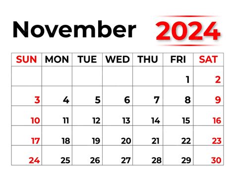 Premium Vector | Monthly Calendar for November 2024 Week Starts From Sunday