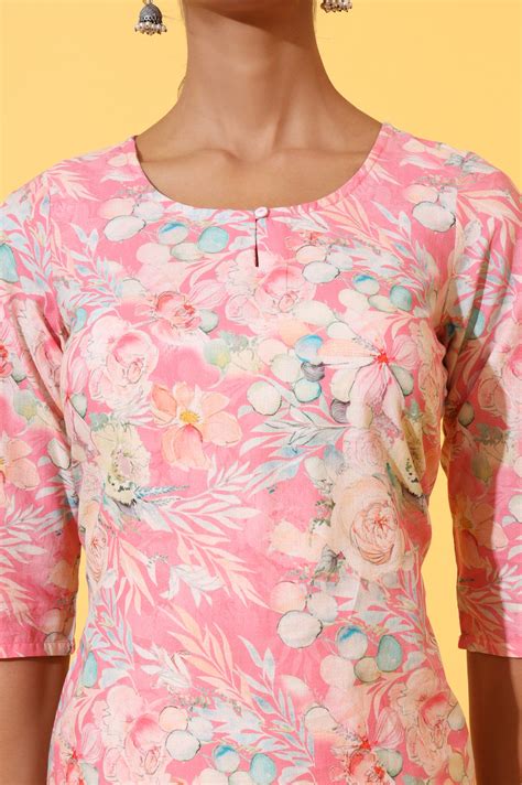 Buy Pink Floral Printed Cotton Shimmer Straight Kurta and Trousers Co ...