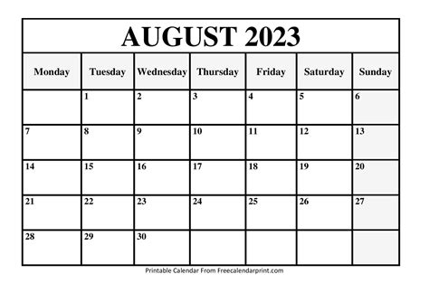 August Blank Calendar Printable