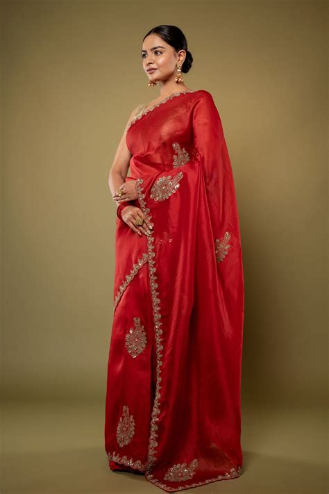 red Organza zardozi border butti handwork saree