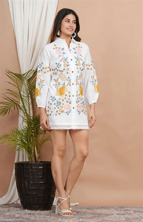 Floral Multi-Thread Embroidered Cotton Shirt Dress – Kaftanize