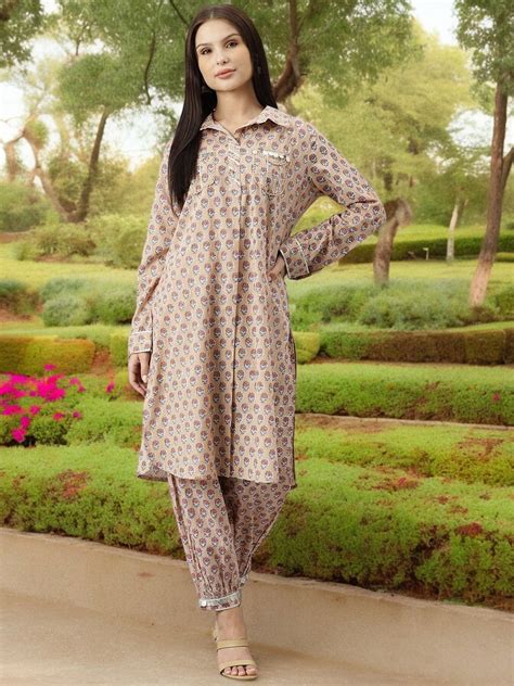 Beige Cotton Shirt Kurta Hem Cuffed Pant Co-ord Set | Buy Women Clothing