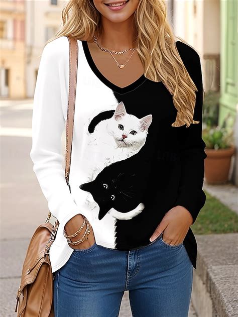 Women's T shirt Long Sleeve Graphic Animal Cat Vintage Stylish Classic ...