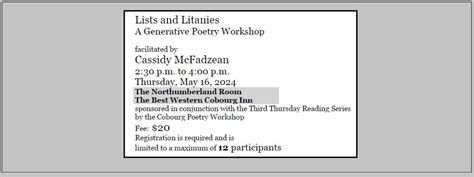 Lists and Litanies - afternoon writing workshop facilitated by Cassidy ...