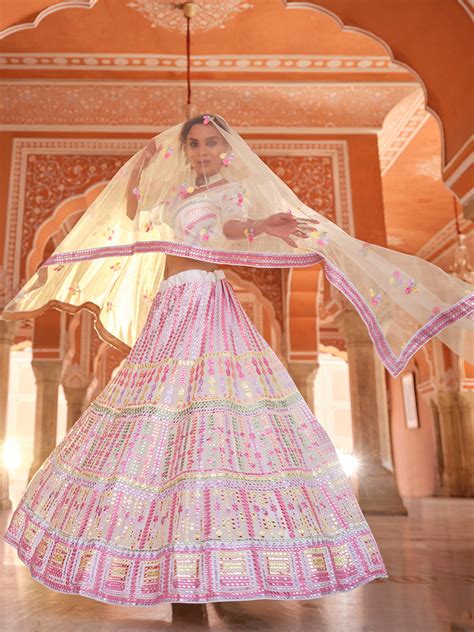 White Embroidered Organza Semi Stitched Lehenga With Unstitc