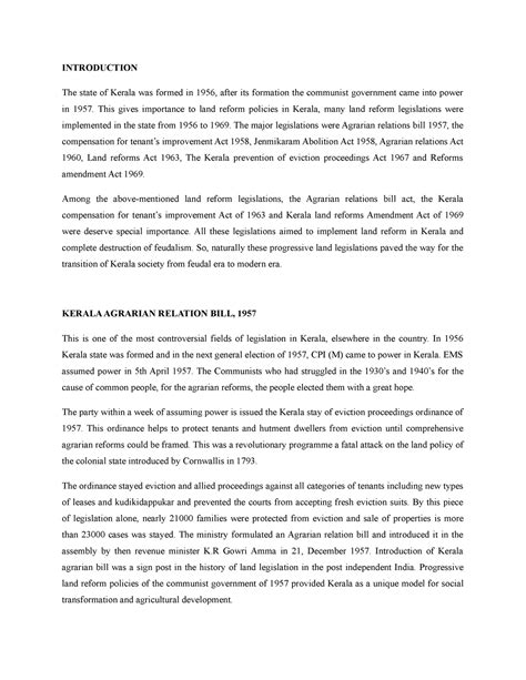 Land reform in kerala - project - INTRODUCTION The state of Kerala was ...