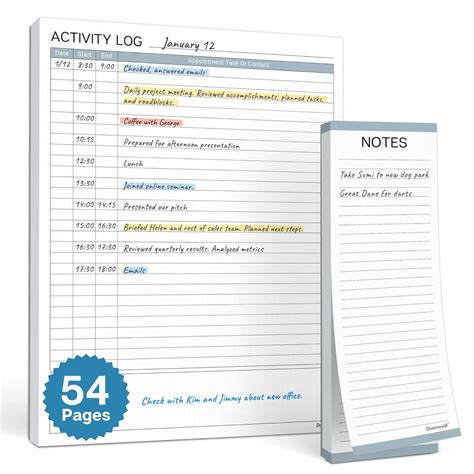 Dunwell Activity Log Notepad (8.5x11"), 54 Sheets, Time Sheet Pad ...