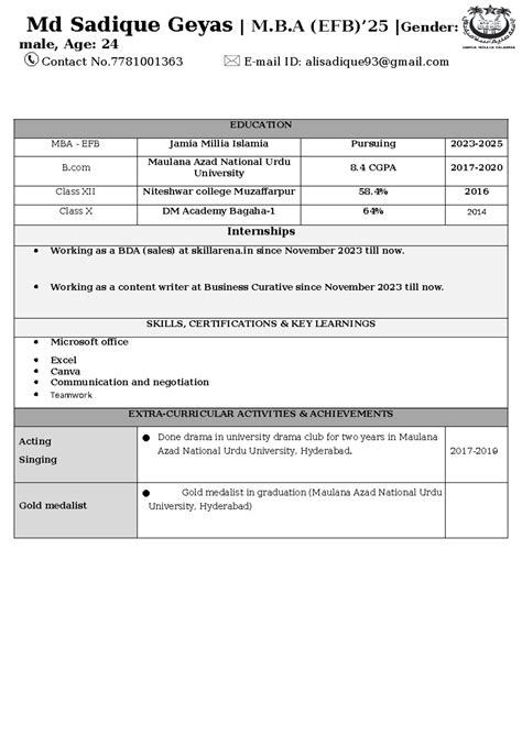 Cv sadique - Md Sadique Geyas | M.B (EFB)’2 5 |Gender: male, Age: 24 ...