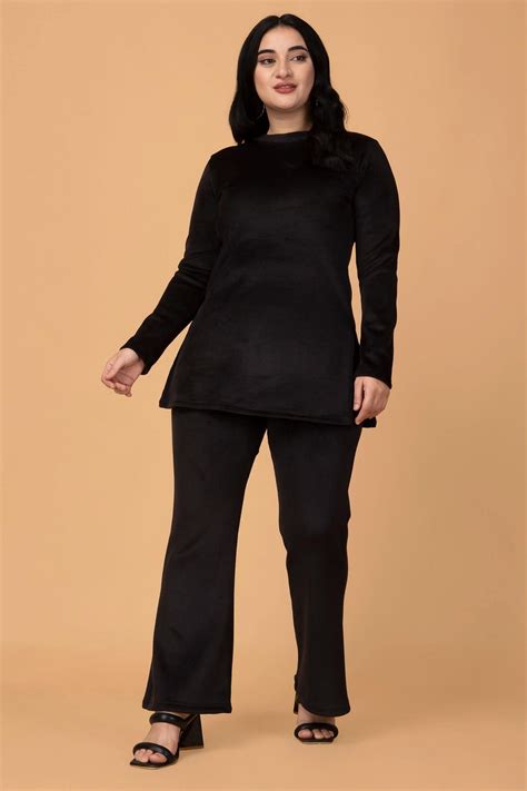 Co-ord Set with Variegated Rib and Flared Pants - Slip On, Solid Print ...