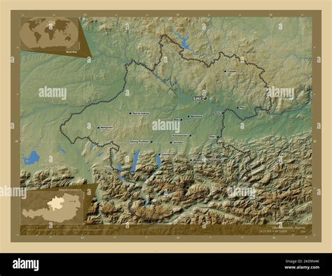 Oberosterreich, state of Austria. Colored elevation map with lakes and rivers. Locations and ...