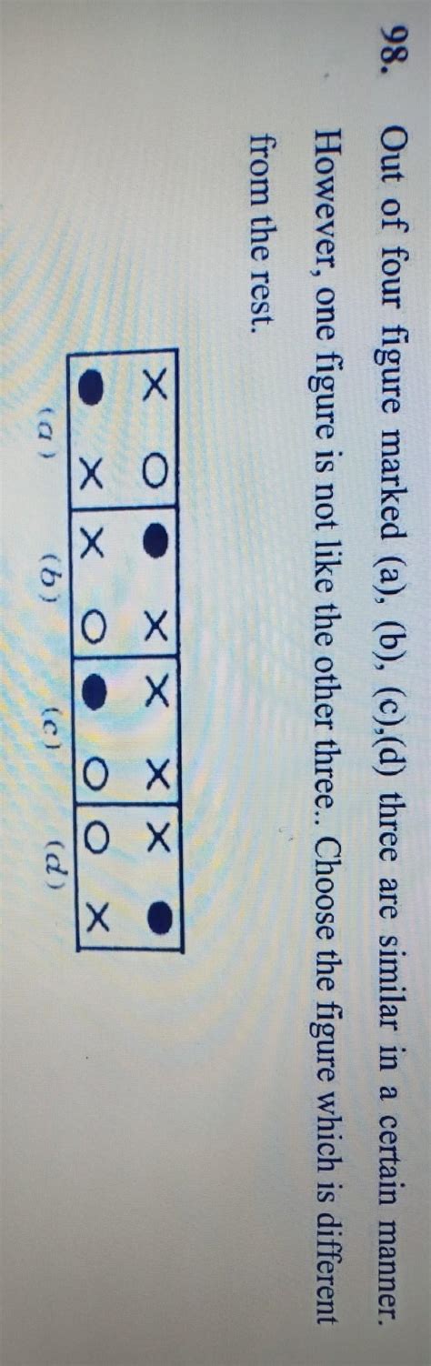 98.Out of four figure marked (a), (b), (c),(d) three are similar in a ...