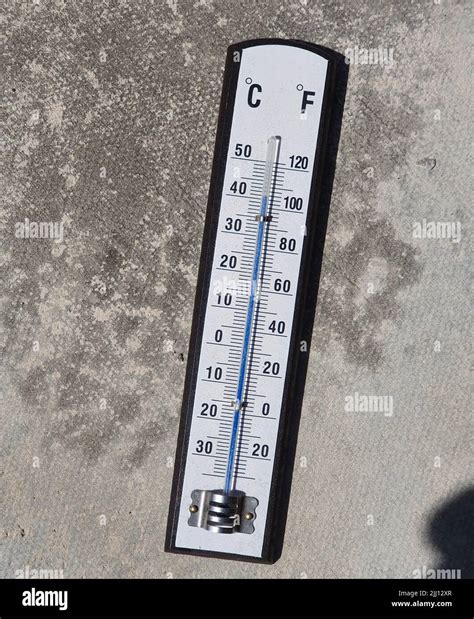 A thermometer in direct sunshine shows 42 degrees Centigrade or 106 ...