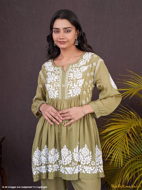 Rosa Modal Chikankari Short Kurta Set-Mehndi|The Chikan Label