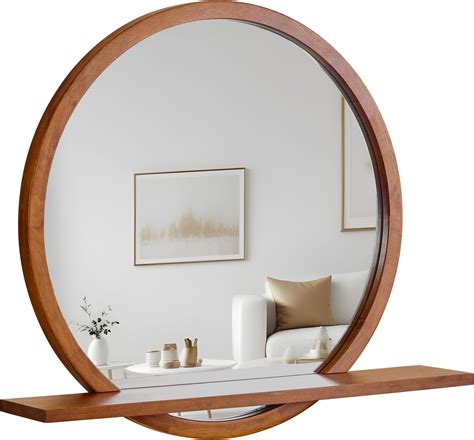 Amazon.com: AGATEO Solid Wood Wall Mirror with Shelf – Round Wood Frame ...