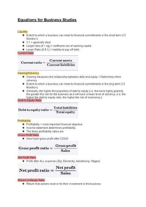 Business Equations - Premium - Equations for Business Studies Liquidity ...