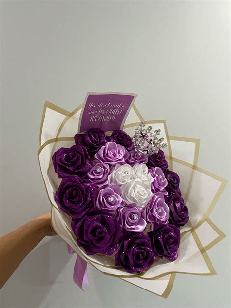 Purple glittery bouquet💜 | Satin flowers diy, Ribbon rose bouquets ...