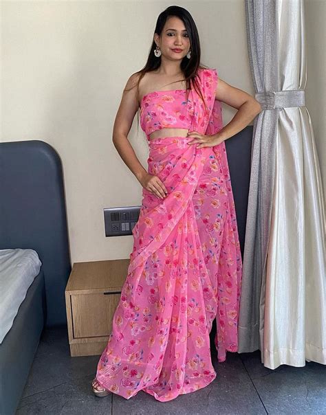 Light Pink Georgette Ready To Wear Saree With Floral Printed Work ...