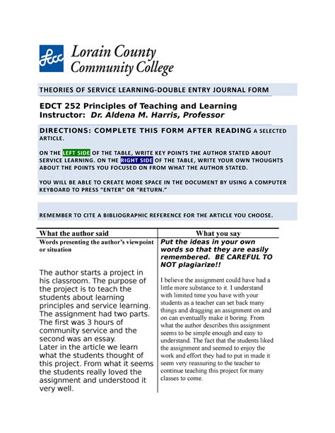 EDCT 252 Double Journal Entry FORM (4) - THEORIES OF SERVICE LEARNING ...