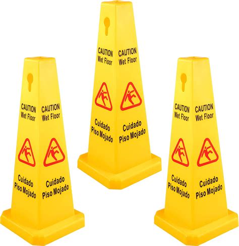 Buy 3 Pack Wet Floor Sign Cone 4 Sided Caution Wet Floor Sign Bilingual ...