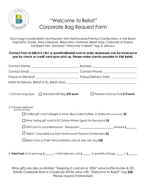Fillable Online Visit Beloit Corporate Bag Request Form.docx Fax Email ...
