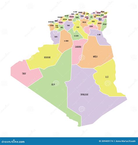 Algeria Political Map with Region Names. Solid Simple Stock Illustration - Illustration of ... - map of algeria region
