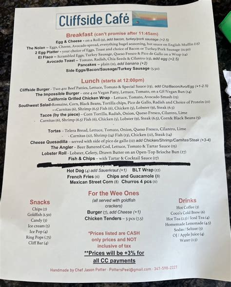 Menu at Cliffside Cafe, Sea Cliff