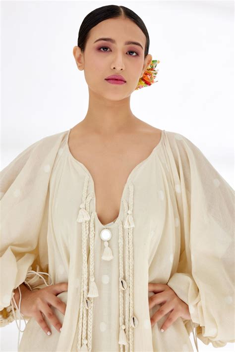 Cream Hand woven Polka Dot Jamdani Maxi Dress