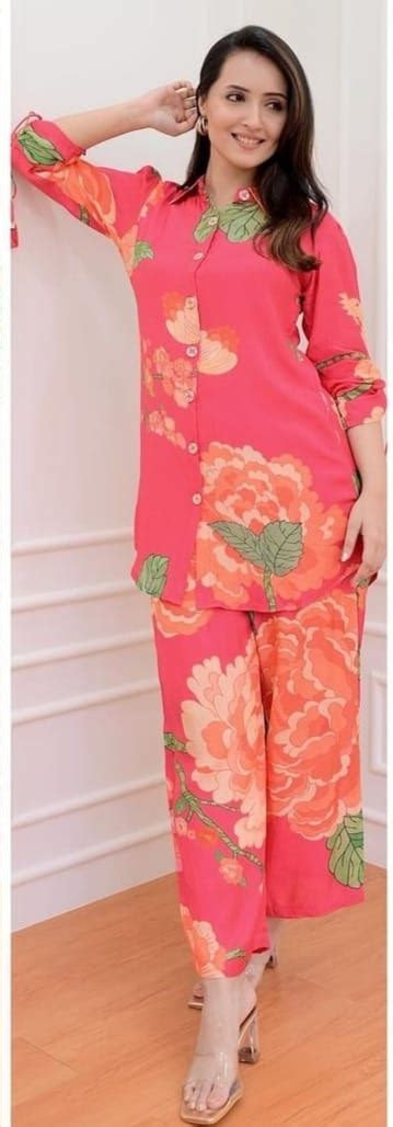 Muslin Digital Print Co-Ord Set – Shirt Collar Top with Dori Pattern S ...