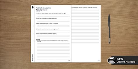 Festivals in Judaism Activity Sheet