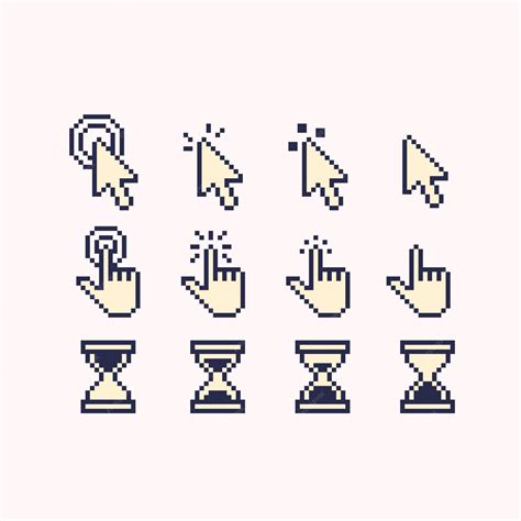 Pixelkunstset aus Pfeil, Hand und Sanduhr. Cursor-Sammlung. Mauszeiger ...
